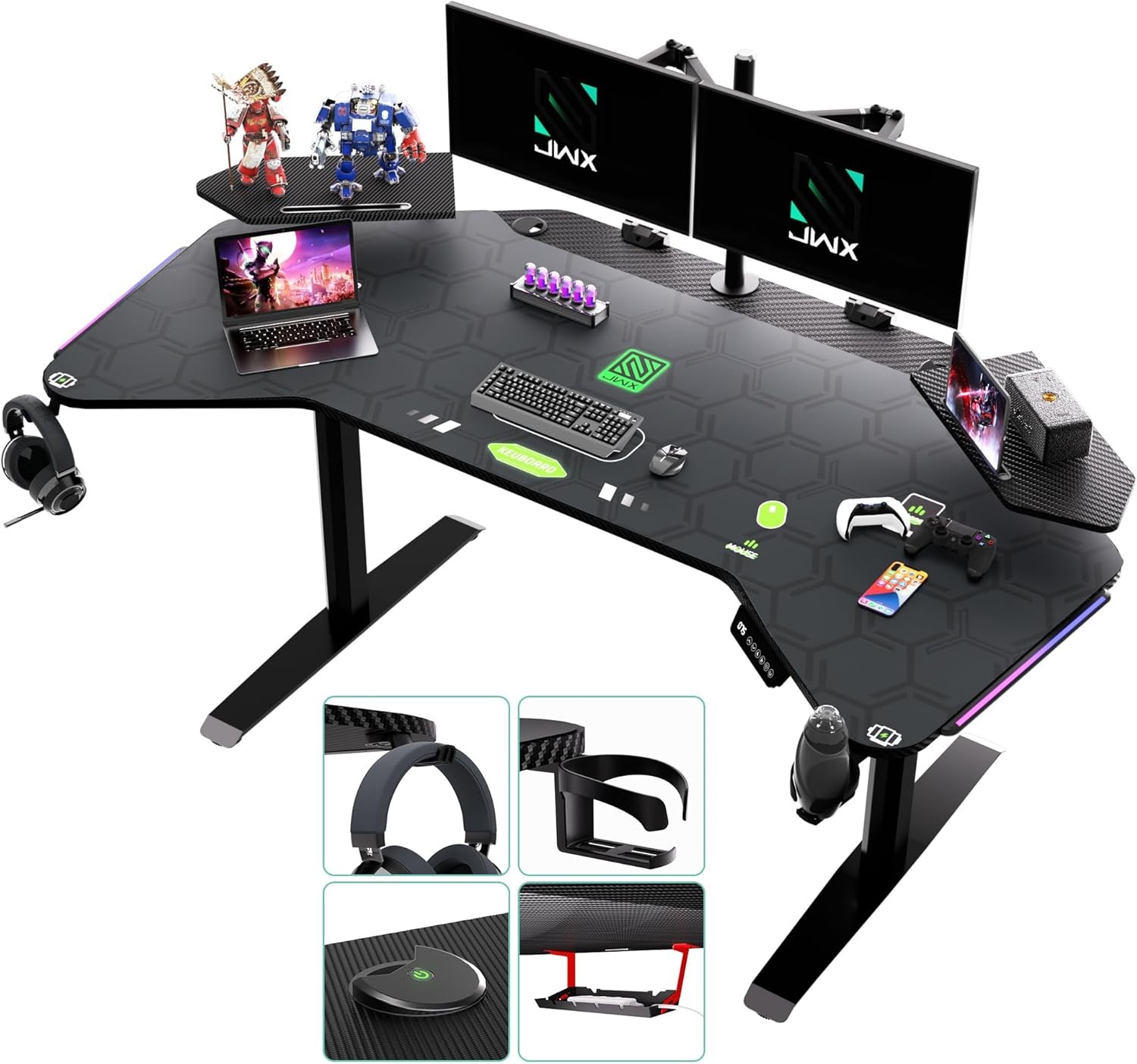 JWX Dual Motor Standing Gaming Desk with Aluminum Alloy Led Lights